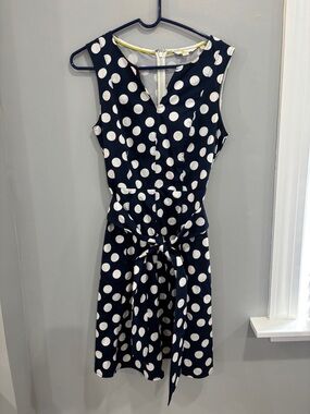 Boden Blue White Polka Dot Notch Neck Dress Sleeveless Stretch A Line US 8